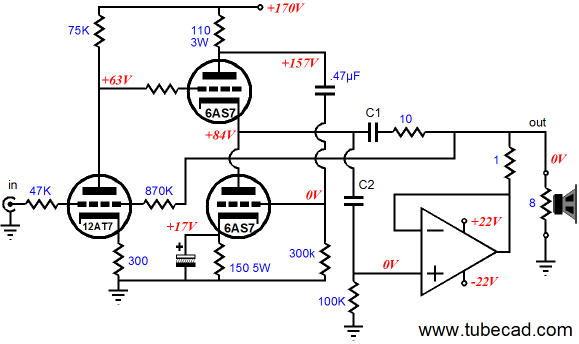 hybrid amplifier with tube amplifier working in parallel with a SS amplifier
