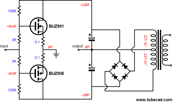 Push-pull mosfet amplifier with just two output devices