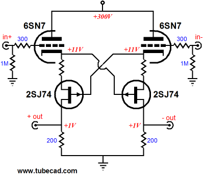 Simple hybrid cross-coupled amp with FETs and tubes.