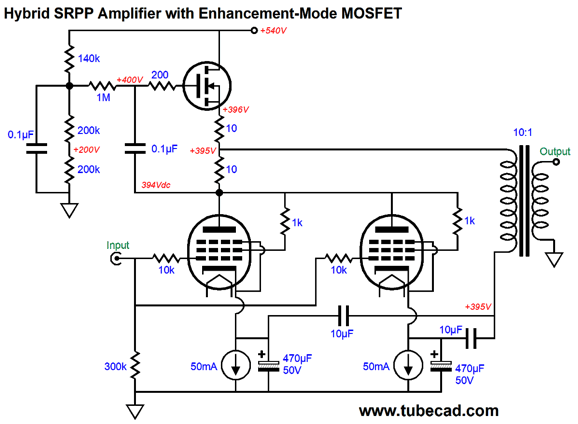 Hybrid SRPP Amplifier with Enhancement-Mode MOSFET and Two Triode-Connected Pentodes
